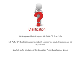 5
Clarification
Job Analysis OR Role Analysis = Job Profile OR Role Profile
Job Profile OR Role Profile are concerned with performance, results, knowledge and skill
requirements.
Job/Role profile is inclusive of Job description, Person Specifications & more
 