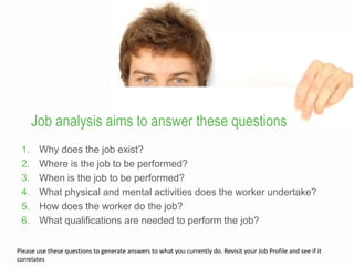 Job analysis aims to answer these questions
1. Why does the job exist?
2. Where is the job to be performed?
3. When is the job to be performed?
4. What physical and mental activities does the worker undertake?
5. How does the worker do the job?
6. What qualifications are needed to perform the job?
6
Please use these questions to generate answers to what you currently do. Revisit your Job Profile and see if it
correlates
 