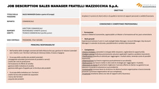 TITOLO DELLA
POSIZIONE:
SALES MANAGER (Italia e parte di Europa)
REPARTO: COMMERCIALE
RAPPORTI
DIRETTI:
DIRETTORE COMMERCIALE
RESPONSABILE VENDITE (estero)
TECNICO COMMERCIALE (profilo junior)
SEDE CENTRALE: FROSINONE, ITALY (03100)
JOB DESCRIPTION SALES MANAGER FRATELLI MAZZOCCHIA S.p.A.
PRINCIPALI RESPONSABILITA’
• Nell’ambito delle strategie commerciali della Mazzocchia spa, gestisce le relazioni aziendali
con i clienti e con i fornitori nell’area di interesse (Italia, Croazia e Spagna)
• Si occupa della vendita dei prodotti aziendali:
- propaganda aziendale (promozione di prodotti e servizi)
- analisi dei costi di produzione
- formulazione di offerte di vendita
- gestione delle trattative di vendita
- gestione delle gare d’appalto per la fornitura dei prodotti
• Si occupa della trattativa con i fornitori:
- analisi tecnica dei prodotti da acquistare
- ricerca dei fornitori
- acquisto dei prodotti
OBIETTIVO
Ampliare il numero di clienti attivi e di qualità in termini di rapporti personali e solidità finanziaria
CONOSCENZE E COMPETENZE PROFESSIONALI
• Formazione:
Laurea in Materie Economiche, apprezzabile un Master o formazione ad hoc post-universitaria
• Back-ground:
Esperienza di almeno 5 anni in ruoli analoghi (Sales Manager, Account Manager, Key Account
Manager) in aziende strutturate, possibilmente in ambito internazionale
• Competenze:
-Visione strategica (prevede lo sviluppo delle situazioni, cogliendone le opportunità);
-Problem solving (individua prontamente soluzioni applicabili rispetto a problemi lavorativi);
-Pianificazione (pianifica le attività per raggiungere i risultati attesi, tenendo conto di possibili
imprevisti);
-Organizzazione (sul lavoro organizza puntualmente le sue attività);
-Realizzazione (sul lavoro mette in atto tutte le strategie per raggiungere i risultati);
-Attenzione al cliente (è prioritario migliorare il servizio offerto al cliente e sa gestire le sue
obiezioni trovando la soluzione ai suoi problemi);
-Contestualità (conosce bene la struttura e le diverse funzioni organizzative e lavora tenendo
presente il processo organizzativo nel suo complesso);
-Proattività (mantiene attiva una rete di rapporti utili al business)
 