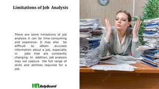 Limitations of Job Analysis
There are some limitations of job
analysis it can be time-consuming
and expensive. It may also be
difﬁcult to obtain accurate
information about a job, especially
in jobs that are constantly
changing. In addition, job analysis
may not capture the full range of
skills and abilities required for a
job.
 