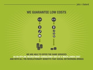 WE GUARANTEE LOW COSTS




                WE ARE ABLE TO OFFER THE SAME SERVICES
   AS AN OFFLINE RECRUITMENT CONSULTANCY BUT AT A MUCH LOWER COST
AND WITH ALL THE REVOLUTIONARY BENEFITS THAT SOCIAL NETWORKING BRINGS
 