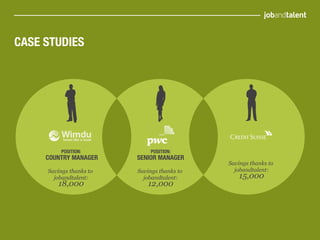 CASE STUDIES




           POSITION:               POSITION:
     COUNTRY MANAGER         SENIOR MANAGER
                                                     Savings  thanks  to  
     Savings  thanks  to     Savings  thanks  to       jobandtalent:
       jobandtalent:           jobandtalent:             15,000
         18,000                  12,000
 