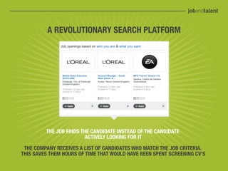 A REVOLUTIONARY SEARCH PLATFORM




         THE JOB FINDS THE CANDIDATE INSTEAD OF THE CANDIDATE
                        ACTIVELY LOOKING FOR IT

 THE COMPANY RECEIVES A LIST OF CANDIDATES WHO MATCH THE JOB CRITERIA.
THIS SAVES THEM HOURS OF TIME THAT WOULD HAVE BEEN SPENT SCREENING CV’S
 