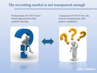 e recruiting market is not transparent enough

Professionals DO NOT know    Companies DO NOT have the
which opportunities they     tools to communicate with
could be missing             passive candidates
 