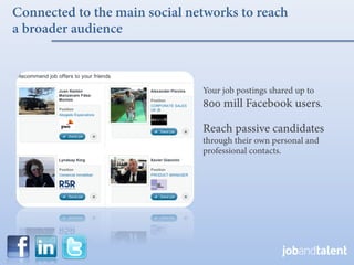 Connected to the main social networks to reach
a broader audience



                               Your job postings shared up to
                               800 mill Facebook users.

                               Reach passive candidates
                               through their own personal and
                               professional contacts.
 