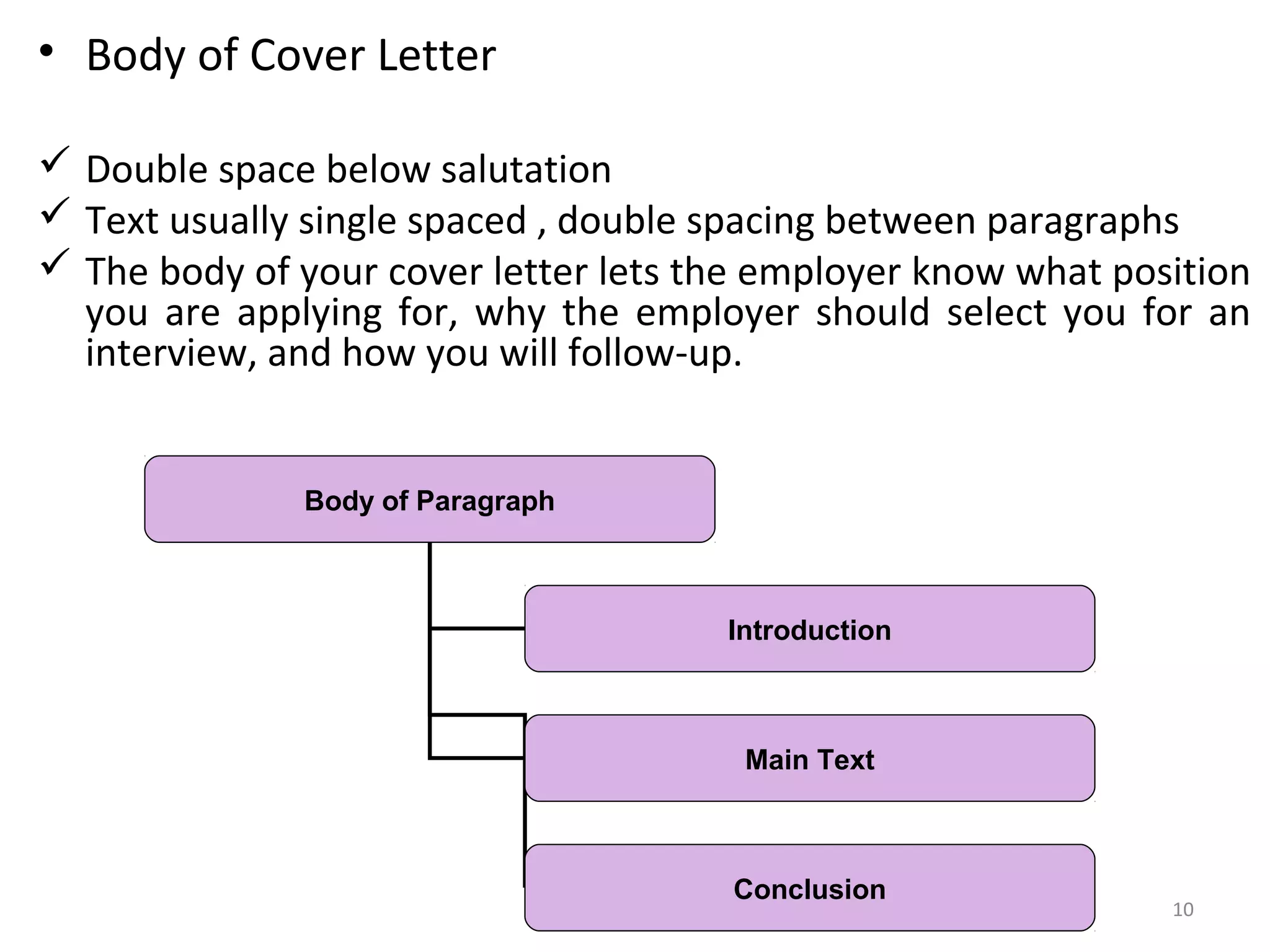 10
• Body of Cover Letter
 Double space below salutation
 Text usually single spaced , double spacing between paragraphs
 The body of your cover letter lets the employer know what position
you are applying for, why the employer should select you for an
interview, and how you will follow-up.
Body of Paragraph
Introduction
Main Text
Conclusion
 