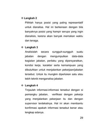 29 
 Langkah 2 
Pilihlah hanya posisi yang paling representatif untuk dianalisa. Hal ini berkenaan dengan bila banyaknya posisi yang hampir serupa yang ingin dianalisis, karena akan banyak memakan waktu dan tenaga. 
 Langkah 3 
Analisislah secara sungguh-sungguh suatu jabatan dengan mengumpulkan data-data kegiatan jabatan, perilaku yang dipersyaratkan, kondisi kerja, karakter serta kemampuan yang dibutuhkan untuk menjalankan pekerjaan/jabatan tersebut. Untuk itu mungkin diperlukan satu atau lebih teknik menganalisa jabatan. 
 Langkah 4 
Tinjaulah informasi-informasi tersebut dengan si pemangku jabatan, verifikasi dengan pekerja yang menjalankan pekerjaan itu dan dengan supervisor terdekatnya. Hal ini akan membantu konfirmasi apakah informasi tersebut benar atau lengkap adanya.  