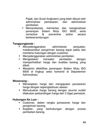 49 
Pajak, dan Surat Angkutan) yang telah dibuat oleh administrasi pemasaran, dan administrasi pembelian. 
 Memprakarsai, memantau dan mengevaluasi penerapan Sistem Mutu ISO 9000, serta corrective & preventive action secara berkesinambungan. 
Tanggungjawab : 
 Menyelenggarakan administrasi penjualan, melaksanakan pengiriman barang tepat waktu dan membina hubungan dengan customer. 
 Menyelenggarakan administrasi pembelian. 
 Mengadakan transaksi pembelian dengan memperhatikan harga dan kualitas barang yang dibeli. 
 Menjamin efektifitas penerapan Sistem Mutu ISO 9000 di lingkup seksi komersil di Departemen Administrasi. 
Wewenang : 
 Menetapkan harga dan mengajukan penawaran harga dengan sepengetahuan atasan. 
 Memutuskan harga barang dengan asumsi sudah dilakukan perbandingan harga dari 3 (tiga) pemasok. 
Hubungan Ke Luar : 
 Customer, dalam rangka penawaran harga dan pengiriman barang. 
 Supplier, yang berhubungan dengan proses pembelian barang. 
 