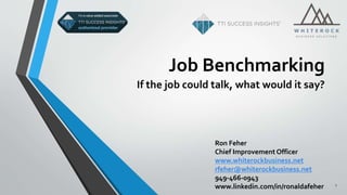 Job Benchmarking 
If the job could talk, what would it say? 
1 
Ron Feher 
Chief Improvement Officer 
www.whiterockbusiness.net 
rfeher@whiterockbusiness.net 
949-466-0943 
www.linkedin.com/in/ronaldafeher 
 