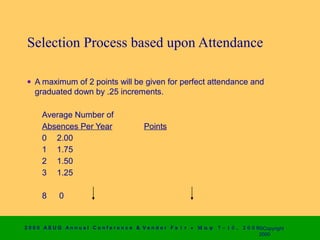 Selection Process based upon Attendance

 • A maximum of 2 points will be given for perfect attendance and
   graduated down by .25 increments.

      Average Number of
      Absences Per Year                       Points
      0 2.00
      1 1.75
      2 1.50
      3 1.25

      8      0


2 0 0 0 AS UG An n u a l Co n f e r e n c e & V e n d o r F a i r • Μ α ψ   7 − 1 0 ,   2 0 0 0 ©Copyright
                                                                                                2000
 