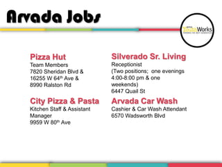 Arvada Jobs
Pizza Hut

Silverado Sr. Living

Team Members
7820 Sheridan Blvd &
16255 W 64th Ave &
8990 Ralston Rd

Receptionist
(Two positions; one evenings
4:00-8:00 pm & one
weekends)
6447 Quail St

City Pizza & Pasta

Arvada Car Wash

Kitchen Staff & Assistant
Manager
9959 W 80th Ave

Cashier & Car Wash Attendant
6570 Wadsworth Blvd

 