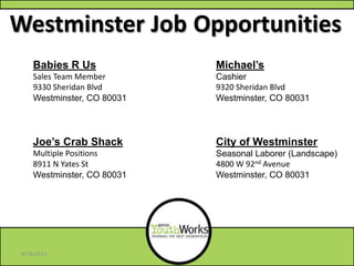 Westminster Job Opportunities
Michael’s
Cashier
9320 Sheridan Blvd
Westminster, CO 80031
City of Westminster
Seasonal Laborer (Landscape)
4800 W 92nd Avenue
Westminster, CO 80031
Babies R Us
Sales Team Member
9330 Sheridan Blvd
Westminster, CO 80031
Joe’s Crab Shack
Multiple Positions
8911 N Yates St
Westminster, CO 80031
6/18/2013
 