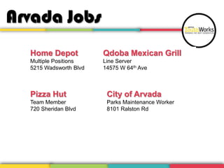 Arvada Jobs
Home Depot
Multiple Positions
5215 Wadsworth Blvd
Pizza Hut
Team Member
720 Sheridan Blvd
City of Arvada
Parks Maintenance Worker
8101 Ralston Rd
Qdoba Mexican Grill
Line Server
14575 W 64th Ave
 