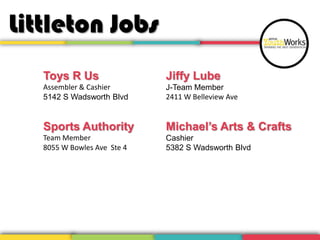 Littleton Jobs
Toys R Us
Assembler & Cashier
5142 S Wadsworth Blvd
Sports Authority
Team Member
8055 W Bowles Ave Ste 4
Jiffy Lube
J-Team Member
2411 W Belleview Ave
Michael’s Arts & Crafts
Cashier
5382 S Wadsworth Blvd
 