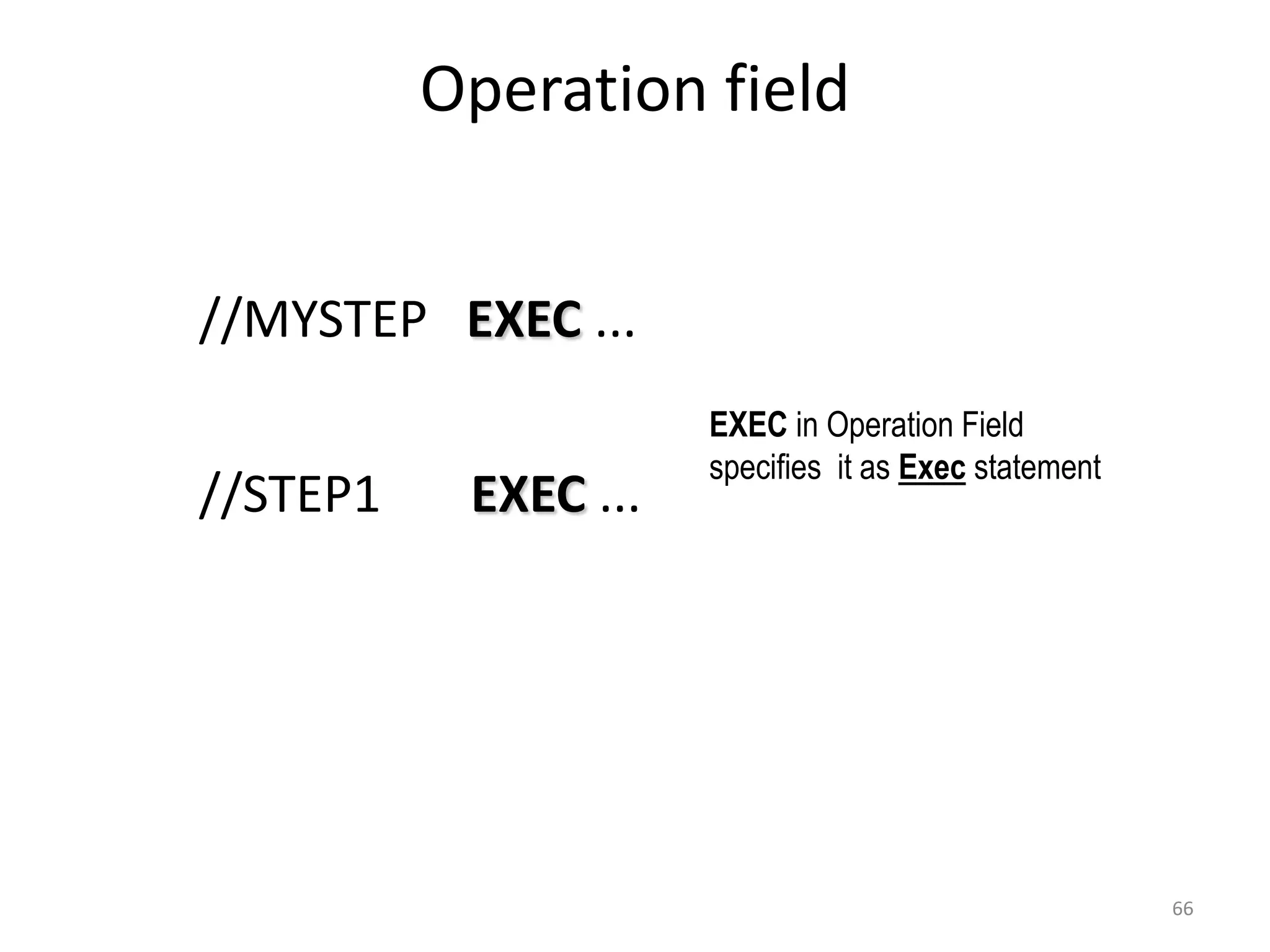 Operation field


//MYSTEP EXEC ...
                       EXEC in Operation Field
                       specifies it as Exec statement
//STEP1    EXEC ...




                                                        66
 