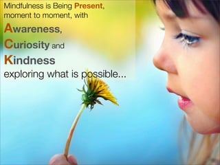 Mindfulness is Being Present,
moment to moment, with
Awareness,
Curiosity and
Kindness
exploring what is possible...
 