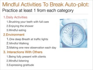 1.Daily Activities
1.Brushing your teeth with full care
2.Enjoying the shower
3.Mindful eating
2.Environment
1.One deep Breath at trafﬁc lights
2.Mindful Walking
3.Making one new observation each day
3. Interactions With Others
1.Being fully present with clients
2.Mindful listening
3.Expressing gratitude
Mindful Activities To Break Auto-pilot:
Practice at least 1 from each category
 