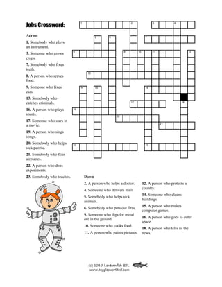 Jobs Crossword:
Across
1. Somebody who plays
an instrument.
3. Someone who grows
crops.
7. Somebody who fixes
teeth.
8. A person who serves
food.
9. Someone who fixes
cars.
13. Somebody who
catches criminals.
16. A person who plays
sports.
17. Someone who stars in
a movie.
19. A person who sings
songs.
20. Somebody who helps
sick people.
21. Somebody who flies
airplanes.
22. A person who does
experiments.
1 2 3 4
5 6 7
8 9 10 11 12
13
14 15 16
17 18
19
20
21
22 23
23. Somebody who teaches. Down
2. A person who helps a doctor.
4. Someone who delivers mail.
5. Somebody who helps sick
animals.
6. Somebody who puts out fires.
9. Someone who digs for metal
ore in the ground.
10. Someone who cooks food.
11. A person who paints pictures.
12. A person who protects a
country.
14. Someone who cleans
buildings.
15. A person who makes
computer games.
16. A person who goes to outer
space.
18. A person who tells us the
news.
 