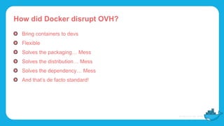 How did Docker disrupt OVH?
Bring containers to devs
Flexible
Solves the packaging… Mess
Solves the distribution… Mess
Solves the dependency… Mess
And that’s de facto standard!
 