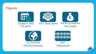 Figures
4
Created in 1999
(16 years)
100% family owned 400 M € investment
over 3 years
137 Countries
930,000 Customers
60%
Professionals
 