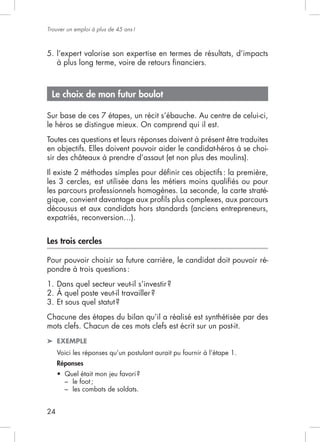 Trouver un emploi à plus de 45 ans !



5. l’expert valorise son expertise en termes de résultats, d’impacts
   à plus long terme, voire de retours ﬁnanciers.



 Le choix de mon futur boulot

Sur base de ces 7 étapes, un récit s’ébauche. Au centre de celui-ci,
le héros se distingue mieux. On comprend qui il est.
Toutes ces questions et leurs réponses doivent à présent être traduites
                                                                      -



les 3 cercles, est utilisée dans les métiers moins qualiﬁés ou pour
les parcours professionnels homogènes. La seconde, la carte straté-
gique, convient davantage aux proﬁls plus complexes, aux parcours
décousus et aux candidats hors standards (anciens entrepreneurs,



Les trois cercles

                                                                         -
pondre à trois questions :




Chacune des étapes du bilan qu’il a réalisé est synthétisée par des
mots clefs. Chacun de ces mots clefs est écrit sur un post-it.
     EXEMPLE
     Voici les réponses qu’un postulant aurait pu fournir à l’étape 1.
     Réponses

       – le foot ;
       – les combats de soldats.


24
 