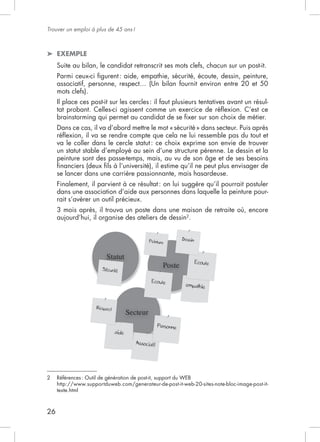 Trouver un emploi à plus de 45 ans !



     EXEMPLE
     Suite au bilan, le candidat retranscrit ses mots clefs, chacun sur un post-it.


     mots clefs).
     Il place ces post-it sur les cercles : il faut plusieurs tentatives avant un résul-

     brainstorming qui permet au candidat de se ﬁxer sur son choix de métier.


     va le coller dans le cercle statut : ce choix exprime son envie de trouver
     un statut stable d’employé au sein d’une structure pérenne. Le dessin et la

     ﬁnanciers (deux ﬁls à l’université), il estime qu’il ne peut plus envisager de
     se lancer dans une carrière passionnante, mais hasardeuse.
     Finalement, il parvient à ce résultat : on lui suggère qu’il pourrait postuler
     dans une association d’aide aux personnes dans laquelle la peinture pour-
     rait s’avérer un outil précieux.
     3 mois après, il trouva un poste dans une maison de retraite où, encore
                                                2
                                                 .




2    Références : Outil de génération de post-it, support du WEB
     http://www.supportduweb.com/generateur-de-post-it-web-20-sites-note-bloc-image-post-it-
     texte.html



26
 
