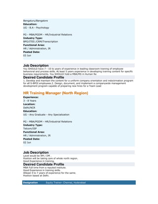 Bengaluru/Bangalore
Education:
UG - B.A - Psychology
PG - MBA/PGDM - HR/Industrial Relations
Industry Type:
BPO/ITES /CRM/Transcription
Functional Area:
HR / Administration, IR
Posted Date:
03 Jun

Job Description
You SHOULD have 7 - 10 to years of experience in leading classroom training of employee
behavioral and process skills. At least 5 years experience in developing training content for specific
business requirements. You SHOULD hold a MBA/MS in Human Re

Desired Candidate Profile
1. Develop and maintain the content for a uniform company orientation and indoctrination program
for all S-BPOI employees.2. Design, document, and implement a companywide management
development program capable of preparing new hires for a Team Lead

HR Training Manager (North Region)
Experience:
3 - 8 Years
Location:
Delhi/NCR
Education:
UG - Any Graduate - Any Specialization
PG - MBA/PGDM - HR/Industrial Relations
Industry Type:
Telcom/ISP
Functional Area:
HR / Administration, IR
Posted Date:
02 Jun

Job Description
Lavel would be AM / DM .
Position will be taking care of whole north region.
Good Experience in training.

Desired Candidate Profile
MBA Full time from a reputed institute.
Good Experience in training skills.
Atleast 4 to 7 years of experience for the same.
Position based at Delhi.
Designation

Equity Trainer- Chennai, Hyderabad

 