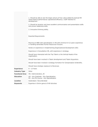 1. Should be able to see the larger picture of how value-added & practical HR
inputs lead to performance/ operational efficiency / staff retention &
development
2. Should be dynamic and have excellent communication and presentation skills
and proven leadership skills
3. Innovative thinking ability

Essential Requirements

Must be an MBA with specialization in HR with minimum 8-12 years experience
in handling Generalist Human Resources Function.
Hands on experience in Implementing Organizational Development (OD)
Experience in Consultative HR, with experience in strategy.
Should have interacted with the Top Talent or the Vertical Heads of the
organization.
Should have been involved in Talent development and Talent Acquisition.
Should have been involved in strategy formation for Compensation & Benefits.
Should have strategic exposure to Revenues
Experience

8 - 13 Years

Industry Type

Other

Functional Area

HR / Administration, IR

Education

UG - Any Graduate - Any Specialization
PG - Any PG Course - Any Specialization

Location

Hyderabad / Secunderabad

Keywords

Expertise in Entire gamut of HR Activities

 