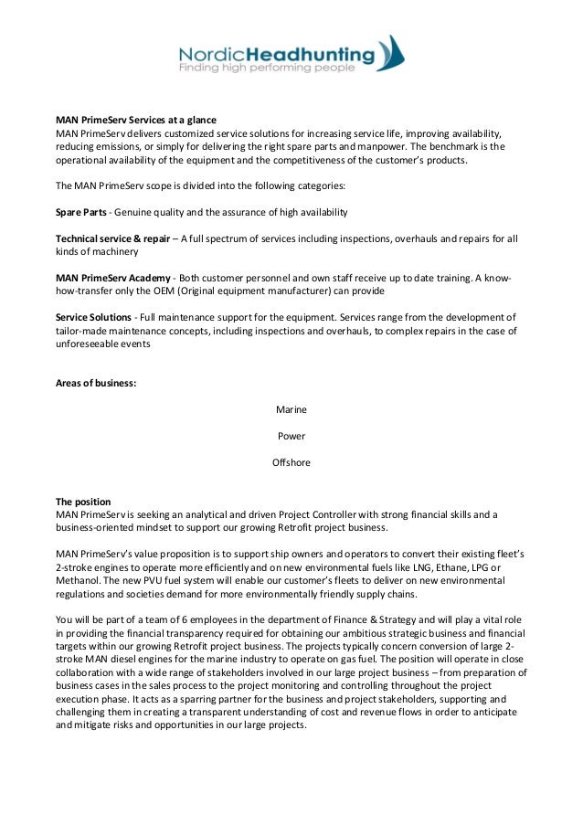 Job Description Project Controller MAN Energy Solutions PrimeSe 