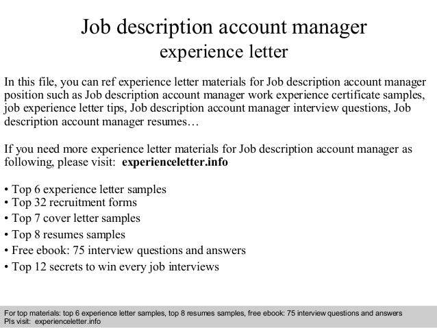 Job description account manager experience letter Job description account manager experience letter