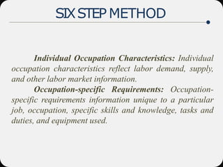 Individual Occupation Characteristics: Individual
occupation characteristics reflect labor demand, supply,
and other labor market information.
Occupation-specific Requirements: Occupation-
specific requirements information unique to a particular
job, occupation, specific skills and knowledge, tasks and
duties, and equipment used.
SIXSTEP METHOD
 