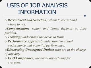 USESOF JOB ANALYSIS
INFORMATION
o Recruitment and Selection; whom to recruit and
whom to not.
oCompensation; salary and bonus depends on job’
s
position.
o Training; understand the needs to train.
o Performance Appraisal; understand to actual
performance and potential performance.
oDiscovering Unassigned Duties; who are in the charge
of any duty.
o EEO Compliance; the equal opportunity for
everyone.
 