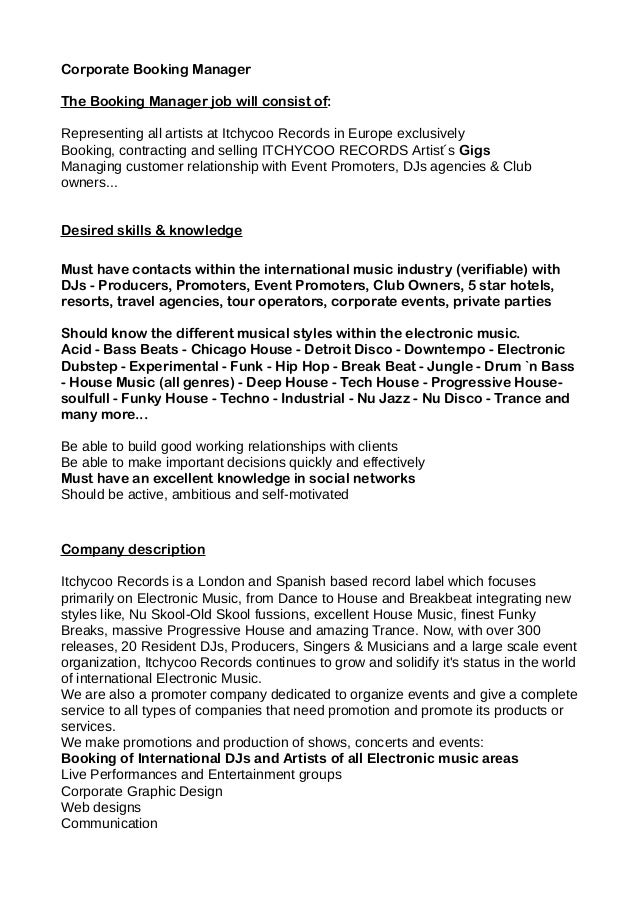 job description booking manager music manager job description