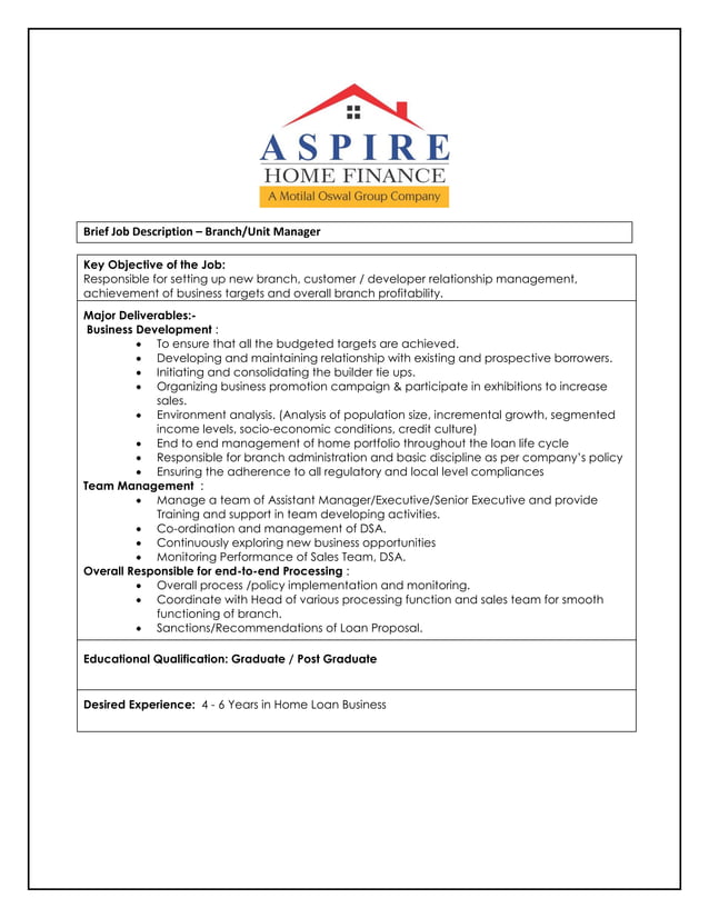 Job description Branch Manager PDF