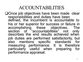 23
ACCOUNTABILITIES
Once job objectives have been made clear
responsibilities and duties have been
defined, the incumbent is accountable to
his or her superior for success or failure in
accomplishing these objectives. The
section of “accountabilities” not only
describes the end results achieved when
job duties are performed satisfactorily, but
also mentions specific standards for
measuring performance. It is therefore
particularly useful when preparing for
performance appraisal.
 