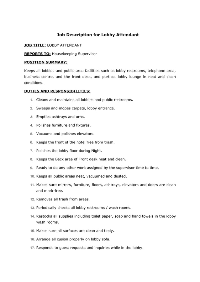 Job description for lobby attendant | DOCX | Bath and Shower | Personal ...