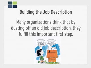 Building the Job Description
Many organizations think that by
dusting off an old job description, they
fulfill this important first step.
 
 