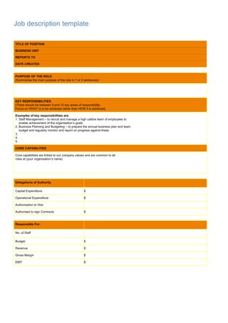 Job description template

TITLE OF POSITION

BUSINESS UNIT

REPORTS TO

DATE CREATED



PURPOSE OF THE ROLE
(Summarise the main purpose of the role in 1 or 2 sentences)




KEY RESPONSIBILITIES
(There should be between 5 and 10 key areas of responsibility.
Focus on WHAT is to be achieved rather than HOW it is achieved)

Examples of key responsibilities are:
1. Staff Management – to recruit and manage a high calibre team of employees to
   enable achievement of the organisation’s goals
2. Business Planning and Budgeting – to prepare the annual business plan and team
   budget and regularly monitor and report on progress against these
3.
4.
5.

CORE CAPABILITIES

Core capabilities are linked to our company values and are common to all
roles at (your organisation’s name)




Delegations of Authority

Capital Expenditure                              $

Operational Expenditure                          $

Authorisation to Hire

Authorised to sign Contracts                     $



Responsible For:

No. of Staff

Budget                                           $

Revenue                                          $

Gross Margin                                     $

EBIT                                             $
 