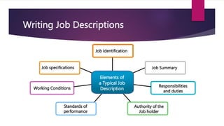 Writing Job Descriptions
Elements of
a Typical Job
Description
Job specifications
Job identification
Job Summary
Responsibilities
and duties
Authority of the
Job holder
Standards of
performance
Working Conditions
 