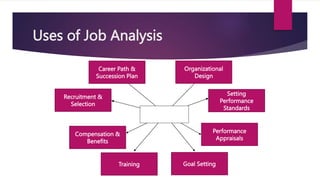 Uses of Job Analysis
Career Path &
Succession Plan
Organizational
Design
Setting
Performance
Standards
Recruitment &
Selection
Performance
Appraisals
Compensation &
Benefits
Goal Setting
Training
 