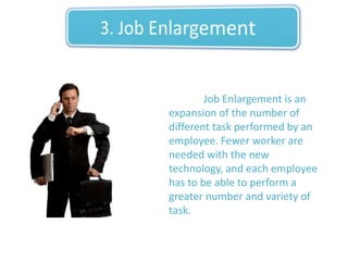 1. Job SimplificationVariety of tasks		Job Simplification means that the variety and difficulty of task performed by a single person are reduced.