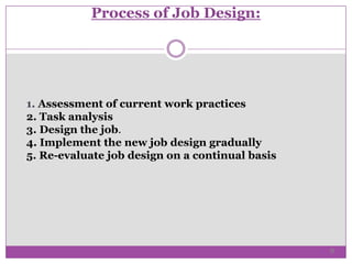 Process of Job Design:
1. Assessment of current work practices
2. Task analysis
3. Design the job.
4. Implement the new job design gradually
5. Re-evaluate job design on a continual basis
9
 