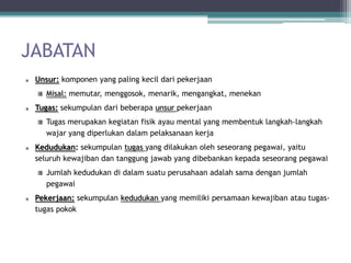 JABATAN
 Unsur: komponen yang paling kecil dari pekerjaan
    Misal: memutar, menggosok, menarik, mengangkat, menekan
 Tugas: sekumpulan dari beberapa unsur pekerjaan
    Tugas merupakan kegiatan fisik ayau mental yang membentuk langkah-langkah
    wajar yang diperlukan dalam pelaksanaan kerja
 Kedudukan: sekumpulan tugas yang dilakukan oleh seseorang pegawai, yaitu
 seluruh kewajiban dan tanggung jawab yang dibebankan kepada seseorang pegawai
    Jumlah kedudukan di dalam suatu perusahaan adalah sama dengan jumlah
    pegawai
 Pekerjaan: sekumpulan kedudukan yang memiliki persamaan kewajiban atau tugas-
 tugas pokok
 