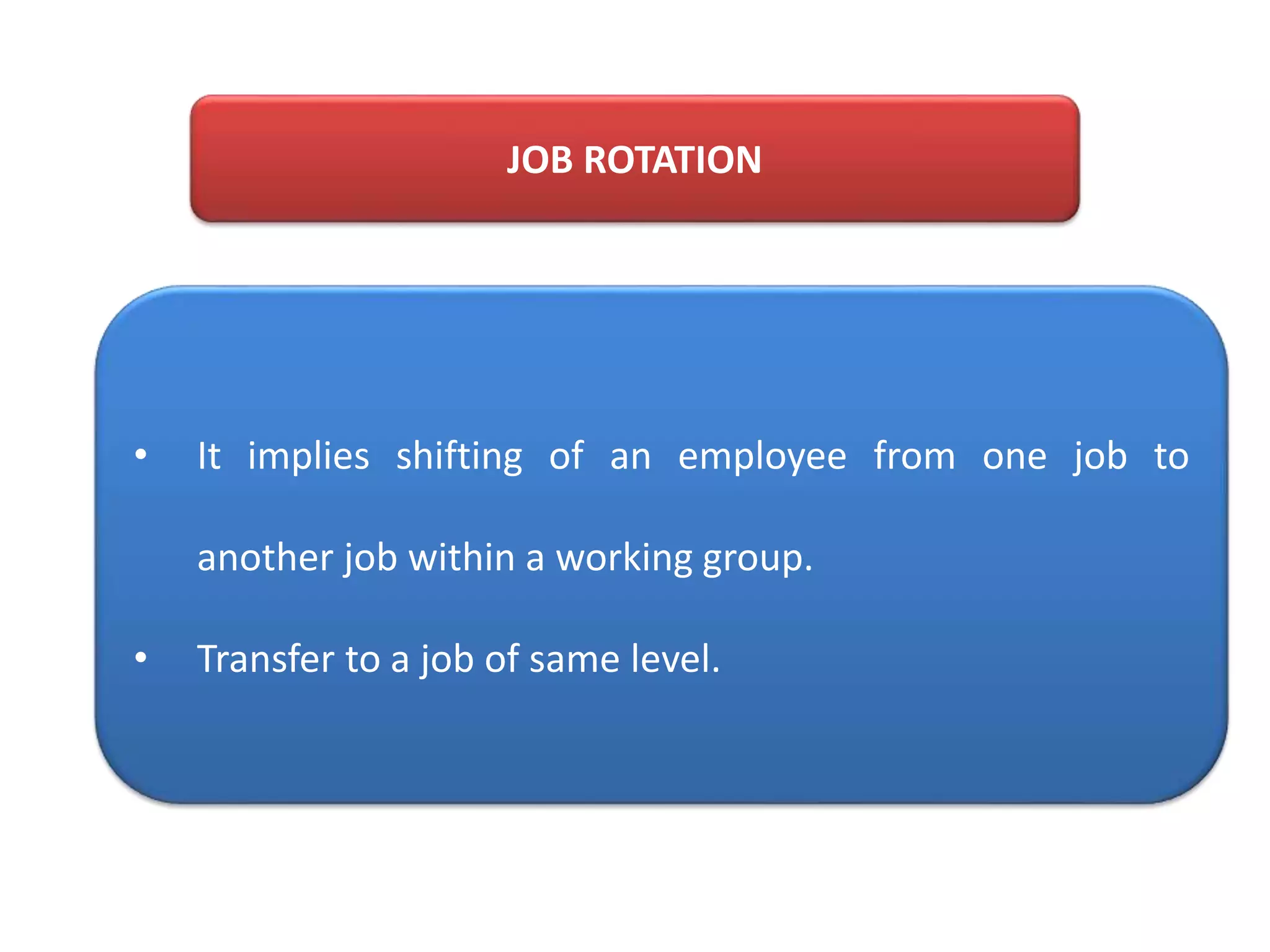 JOB ROTATION
• It implies shifting of an employee from one job to
another job within a working group.
• Transfer to a job of same level.
 