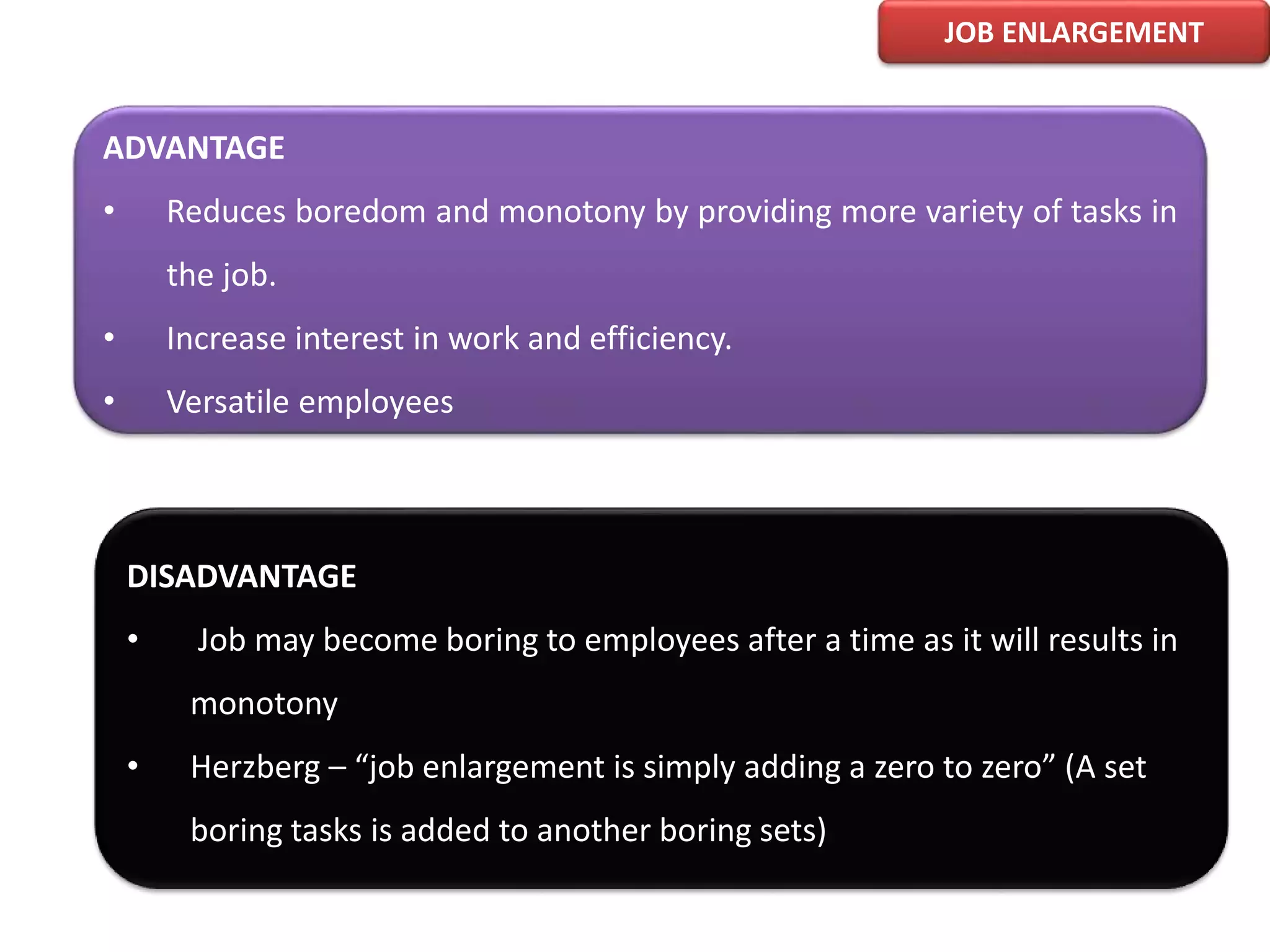 JOB ENLARGEMENT
ADVANTAGE
• Reduces boredom and monotony by providing more variety of tasks in
the job.
• Increase interest in work and efficiency.
• Versatile employees
DISADVANTAGE
• Job may become boring to employees after a time as it will results in
monotony
• Herzberg – “job enlargement is simply adding a zero to zero” (A set
boring tasks is added to another boring sets)
 