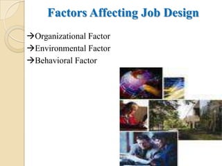 Factors Affecting Job Design
Organizational Factor
Environmental Factor
Behavioral Factor
 