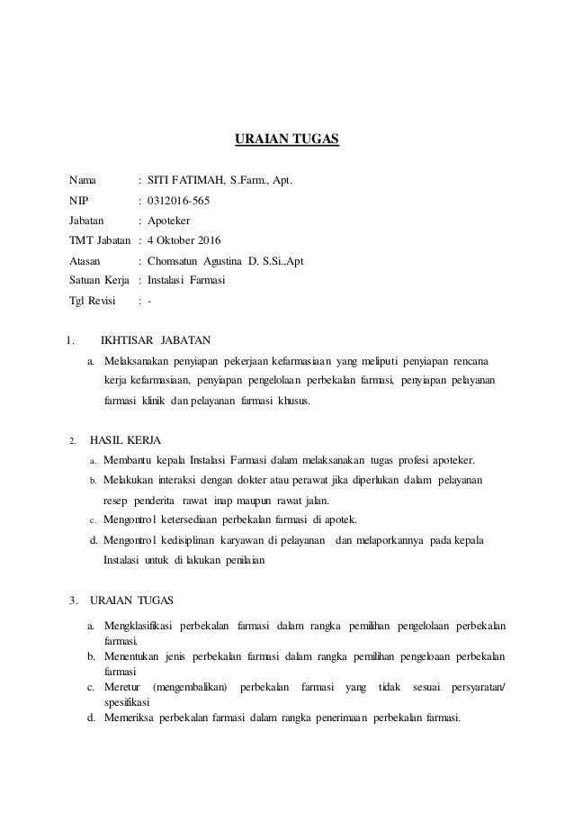 Uraian Tugas Apoteker Jabatan Penanggung Jawab Apotek Depo - Memilih Soal