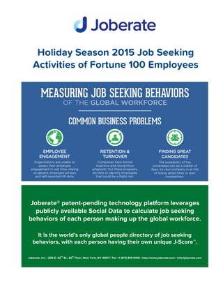 Holiday Season 2015 Job Seeking
Activities of Fortune 100 Employees
Joberate® patent-pending technology platform leverages
publicly available Social Data to calculate job seeking
behaviors of each person making up the global workforce.
It is the world's only global people directory of job seeking
behaviors, with each person having their own unique J-Score™.
Joberate, Inc. | 205 E. 42
nd
St., 20
th
Floor, New York, NY 10017 | Tel: +1 (917) 819-0100 | http://www.joberate.com | info@joberate.com
 