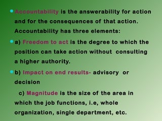 Accountability is the answerability for action
and for the consequences of that action.
Accountability has three elements:
a) Freedom to act is the degree to which the
position can take action without consulting
a higher authority.
b) Impact on end results- advisory or
decision
c) Magnitude is the size of the area in
which the job functions, i.e, whole
organization, single department, etc.
 