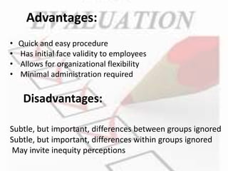 Advantages:
• Quick and easy procedure
• Has initial face validity to employees
• Allows for organizational flexibility
• Minimal administration required
Disadvantages:
Subtle, but important, differences between groups ignored
Subtle, but important, differences within groups ignored
May invite inequity perceptions
 